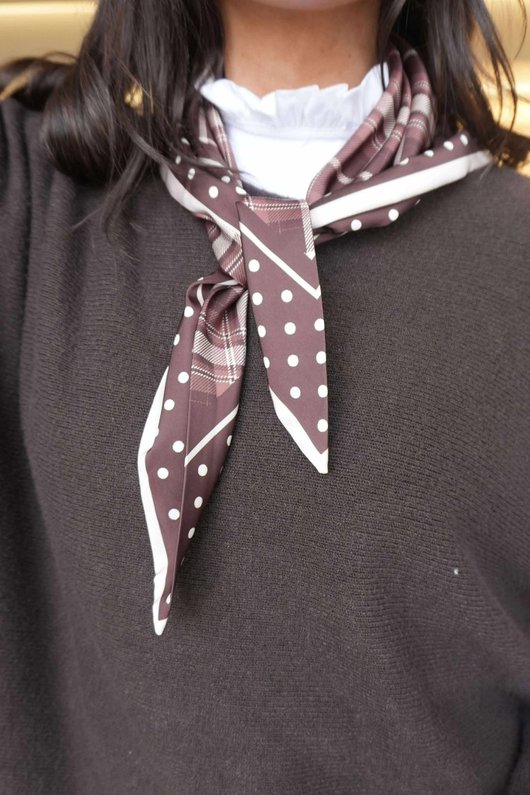 Plaid & Polka Border Triangle Silk Neckerchief Brown